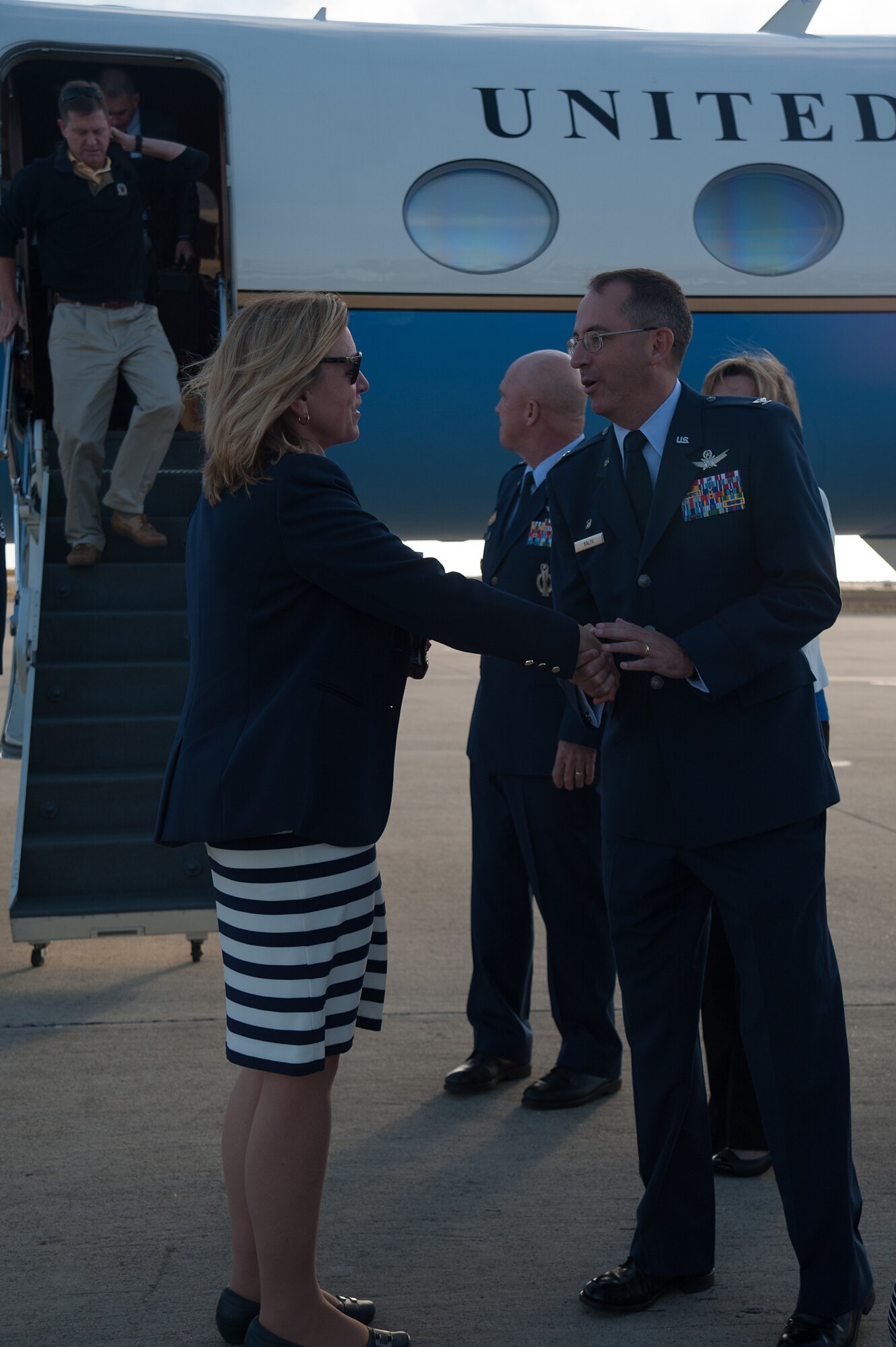 U.S. Air Force Col. Keith Balts, 30th Space Wing commander, greets the Secretary of the Air Force, Deborah Lee James during her arrival, Sept. 22, 2014, Vandenberg Air Force Base, Calif. Her three-day visit lasted from Sept. 22 through 24 and aimed to meet with Airmen as well as witness the successful launch of an unarmed, Minuteman III intercontinental ballistic missile. (U.S. Air Force photo by Airman 1st Class Ian Dudley/Released)


