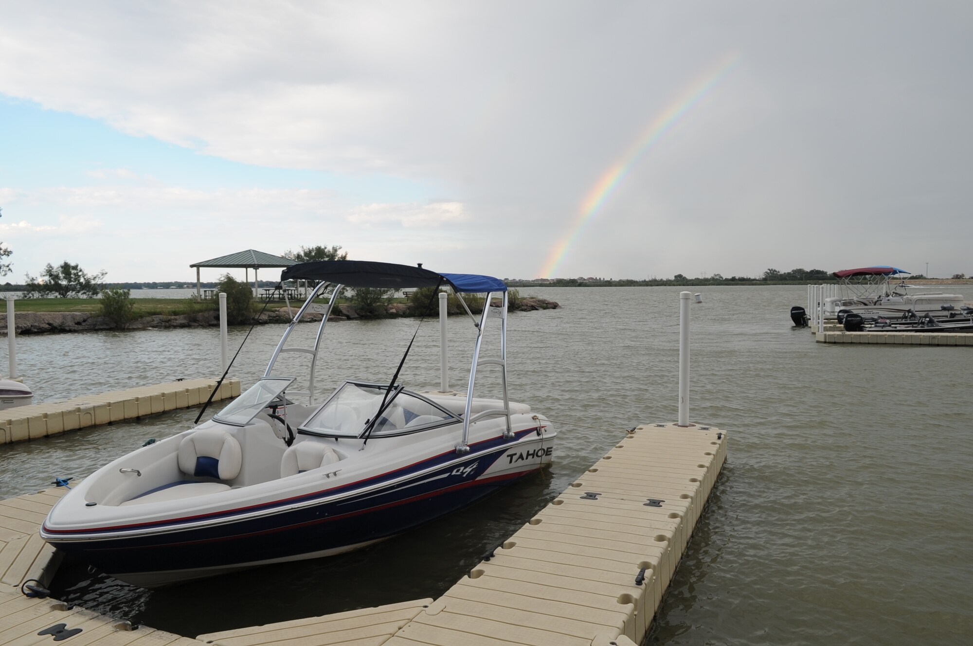 GOODFELLOW AIR FORCE BASE, Texas -- A rainbow sets over Lake Nasworthy following the 41st Annual Armed Forces Chili Cook-off at the Recreation Camp Sept. 27. The chili cook-off began at Goodfellow in 1974 as a morale builder for the 17th Training Group students and instructors.  (U.S. Air Force photo/ Staff Sgt. Laura R. McFarlane)