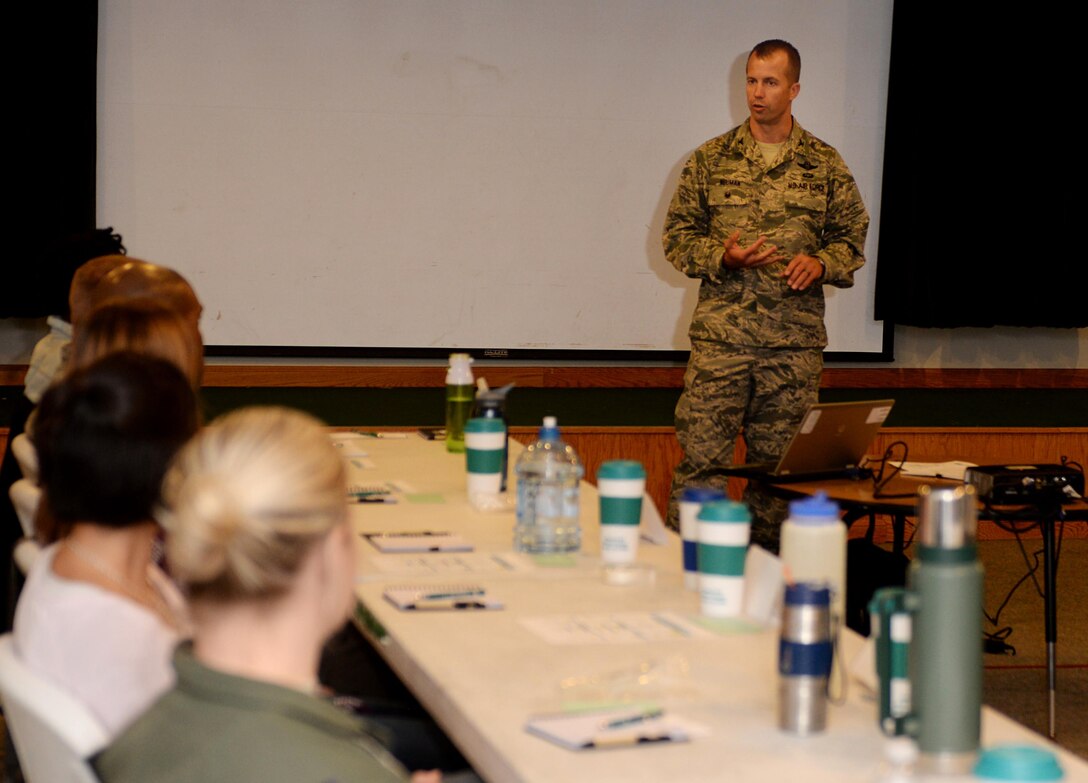 Col. Ty Neuman, 28th Bomb Wing vice commander, speaks to Airmen attending a sexual assault prevention and response victim advocate training in the Chapel Activities Center at Ellsworth Air Force Base, S.D., Oct. 6, 2014. Victim advocates provide essential support and care to sexual assault victims, providing non-clinical information on available options and resources to assist them in making informed decisions as they progress through resolution and healing. (U.S. Air Force photo by Airman 1st Class Rebecca Imwalle/Released)