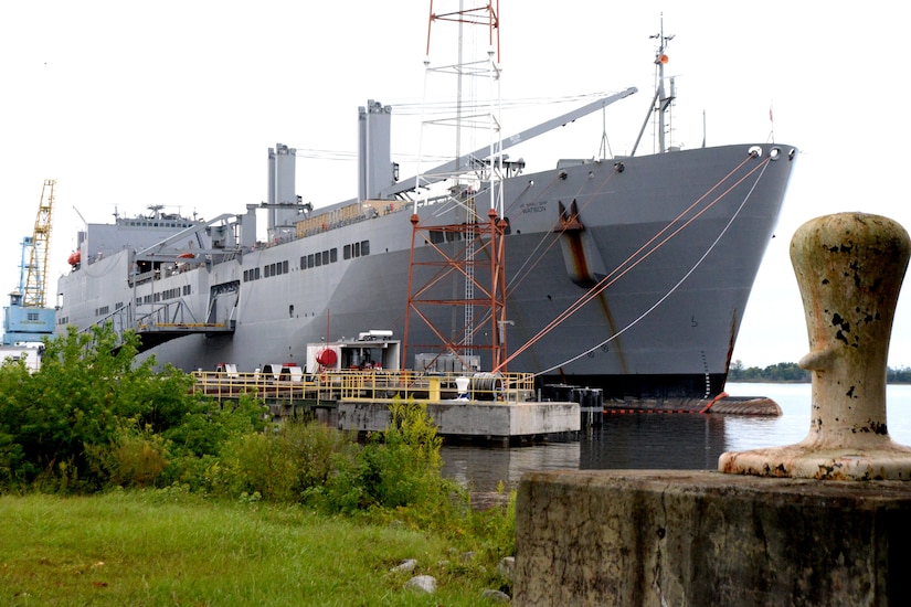 The USNS Watson, a U.S. Navy Military Sealift Command ship, is moored at Wharf Alpha at the Naval Weapons Station, Oct. 7, 2014, on Joint Base Charleston, S.C. The Watson is part of MSC’s Prepositioning Program and is 950 ft. long and displaces 62,644 tons. Afloat prepositioning strategically places military equipment and supplies aboard ships located in key ocean areas to ensure rapid availability during a major theater war, a humanitarian operation or other contingency. (U.S. Air Force photo/Eric Sesit)