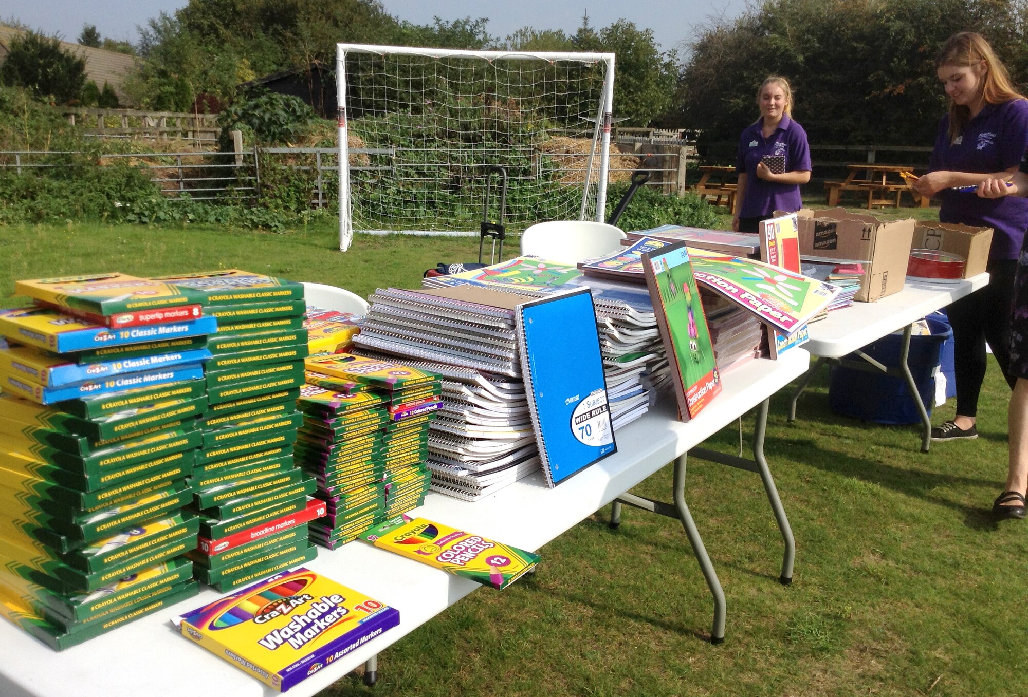 More than $1,100 worth of supplies are displayed after being donated by U.S. Air Force Staff Sgt. Mathew Donathan, 727th Air Mobility Squadron safety NCO in charge from Jefferson, Ohio, Sept, 18, 2014, at the Busy Bees Nursery in Beck Row, England. Donathan held a school supply drive to benefit children in the local community. (Courtesy photo/Released)