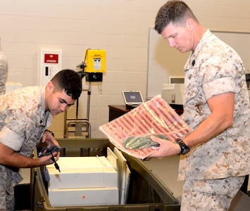 Petty Officer 3rd Class Garrett Minato (left) and Petty Officer Second Class Tate Keplinger, both hospital corpsmen assigned to Medical Logistics Platoon, Detachment 3, prepare field X-ray units for shipment to Okinawa, Oct. 7, 2014, at the Marine Corps Reserve Center on Joint Base Charleston, S.C. MEDLOG, Detachment 3, Supply Company, Combat Logistics Battalion 451, recently celebrated their one-year anniversary at Joint Base Charleston since the unit was established in October 2013. (U.S. Air Force photo/Eric Sesit)