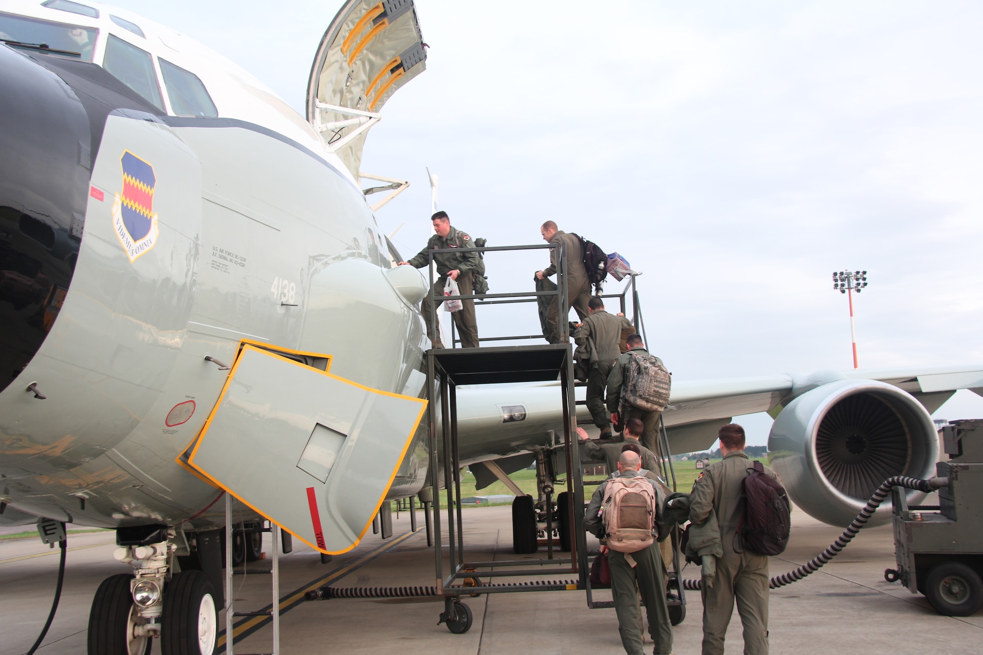 Members of the 488th Intelligence Squadron board an RC-135 before conducting a sortie from RAF Mildenhall, England. (Courtesy photo)