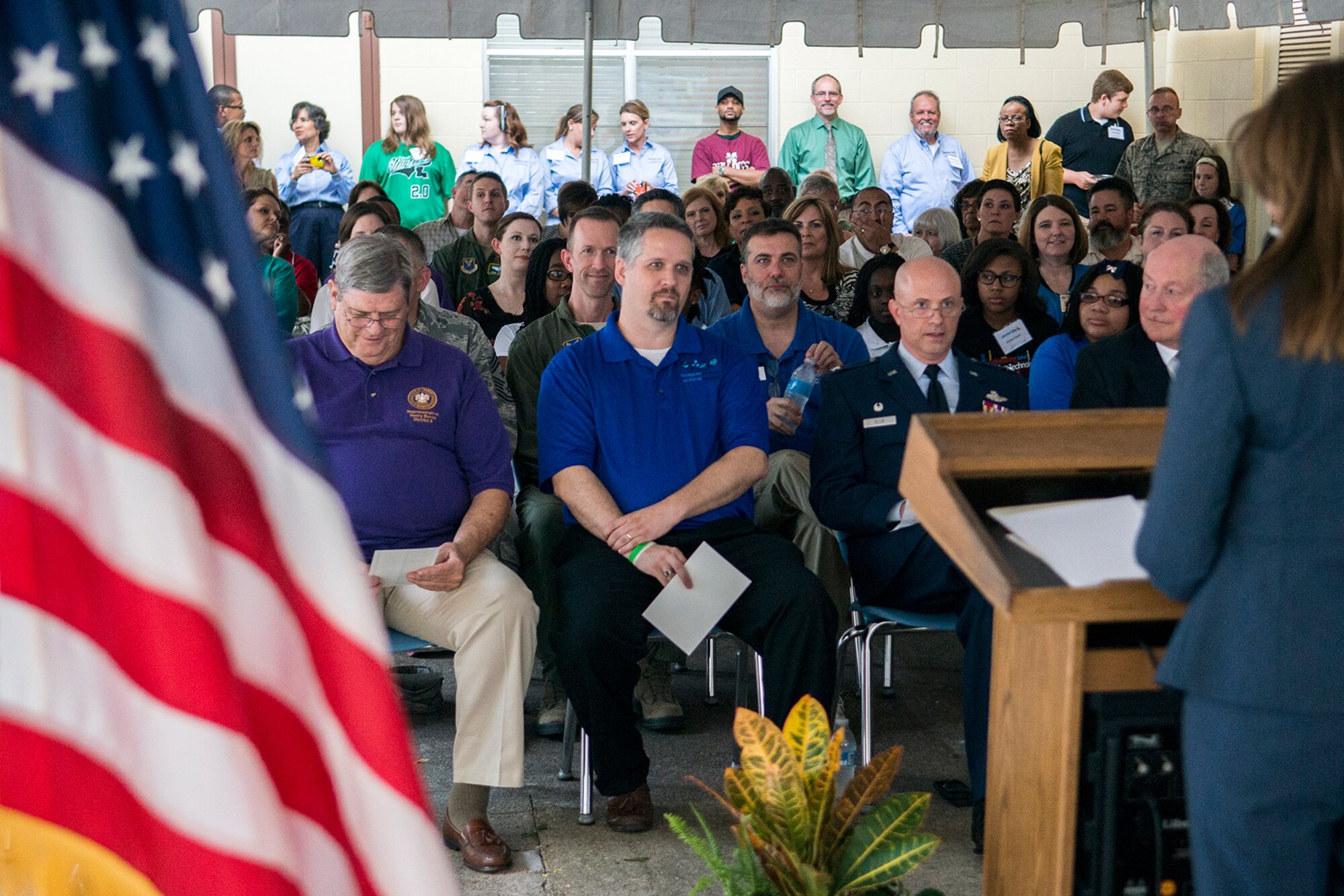 Students, friends and distinguished visitors attend a ceremony celebrating STARBASE's 15th year of service at Barksdale Air Force Base, La., Oct. 2, 2014. Launched in 1999, the program has provided an exciting 25-hour hands-on/minds-on Science, Technology, Engineering and Mathematics curriculum to over 17,000 area 5th grade students and their teachers. (U.S. Air Force photo by Master Sgt. Greg Steele/Released)