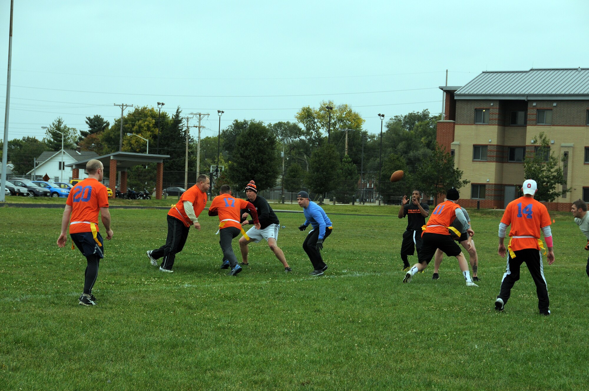 WRIGHT-PATTERSON AIR FORCE BASE, Ohio – Seven high-powered squadron flag football teams battled for the coveted champion’s football during the Oct. 4, 2014, Battle of the Squads Flag Football game held outside of the Jarvis Gym here. The Flyers from the 89th Airlift Squadron won first place. The game was part of a morale event the 445th Force Support Squadron Services Flight planned for the October unit training assembly. (U.S. Air Force photo/Tech. Sgt. Anthony Springer)