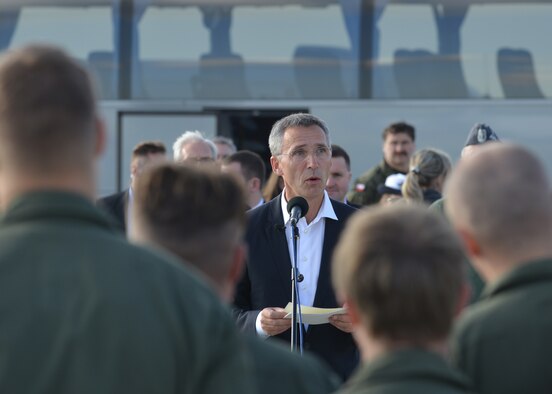 The new NATO Secretary-General Jens Stoltenberg speaks to a crowd of NATO allies Oct. 6, 2014, at Lask Air Base, Poland. During the visit, the secretary-general stressed the continued dedication to NATOs strong alliance. He also thanked the NATO allies in attendance to include the United States, Canada, Belgium, Poland, Netherlands, France and Germany in addition to all NATO partners for their dedication to the mission. (U.S. Air Force photo/Tech. Sgt. Eric Donner)