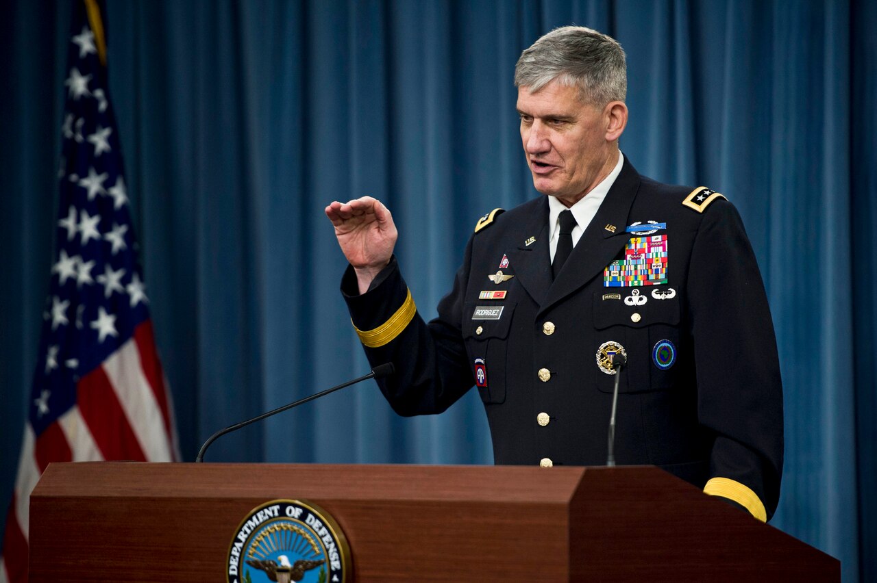 Army Gen. David M. Rodriguez, commander of U.S. Africa Command, describes the Defense Department's response to Ebola during a news conference at the Pentagon, Oct. 7, 2014. DoD photo by Air Force Master Sgt. Adrian Cadiz