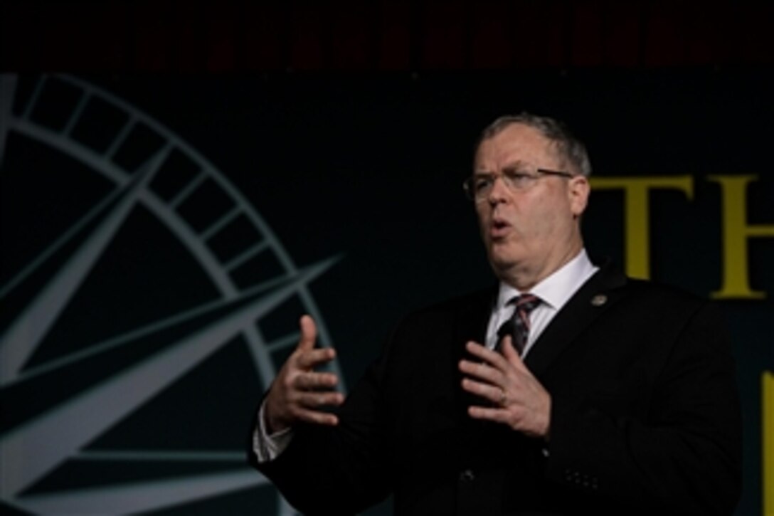 Deputy Defense Secretary Bob Work delivers the keynote address at the Professional Service Council’s annual conference in White Sulphur Springs, W.Va., Oct. 6, 2014. 