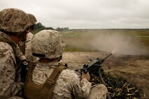 A Marine with 2nd Maintenance Battalion, 2nd Marine Logistics Group, fires an M2 .50-caliber machine gun at unknown distance targets during a live-fire training exercise on SR8 Multi-purpose Machine Gun Range aboard Marine Corps Base Camp Lejeune, N.C., Sept. 26, 2014.  Marines conducted annual machine-gun training to maintain proficiency and build confidence with the weapons systems. Marines and sailors with the battalion conducted a field exercise Sept. 18-Oct. 1, 2014, to reinforce their ability to accomplish battalion-level, mission essential tasks.