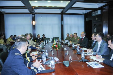 Maj. Gen. Steven Cray and the Vermont delegation discuss the tri-lateral engagement with the Army of the Republic of Macedonia, the Minister of Defense and his delegation, and the delegation from Senegal, Sept. 24, 2014.  According to Cray, the countries of Macedonia and Senegal have come a long way to moving the engagement forward.
