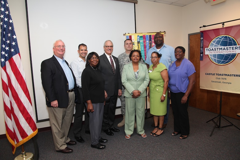 Castle Toastmasters officers and guests gather at the open house event held Oct. 2. Pictured (left to right) are Al Stiles, area 81 governor, Luis Villavicencio, sergeant at arms, Gwendolyn Myers, treasurer, Sonny Dixon, guest speaker, Lt. Col. Tom Woodie, Savannah Corps deputy district commander, Vicki Gatling, president, James Gatling, vice president of public relations, Renee Atkins, vice president of education, and Marie Simpson, district H governor.