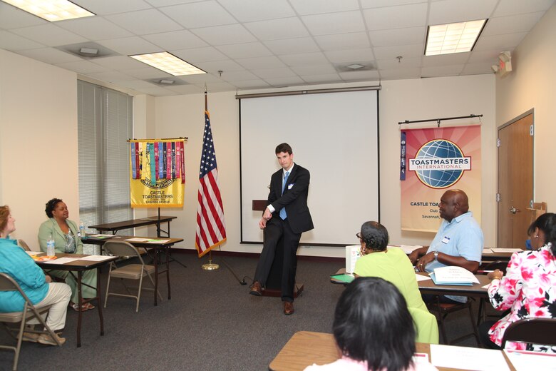 A guest participates in a table topics session at the Castle Toastmasters open house held Oct. 2. Table topics is an exercise in which participants select a pre-determined topic to discuss for one to two minutes. The exercise incorporates impromptu speaking, charging the respondent to organize their thoughts quickly and discuss the subject coherently.