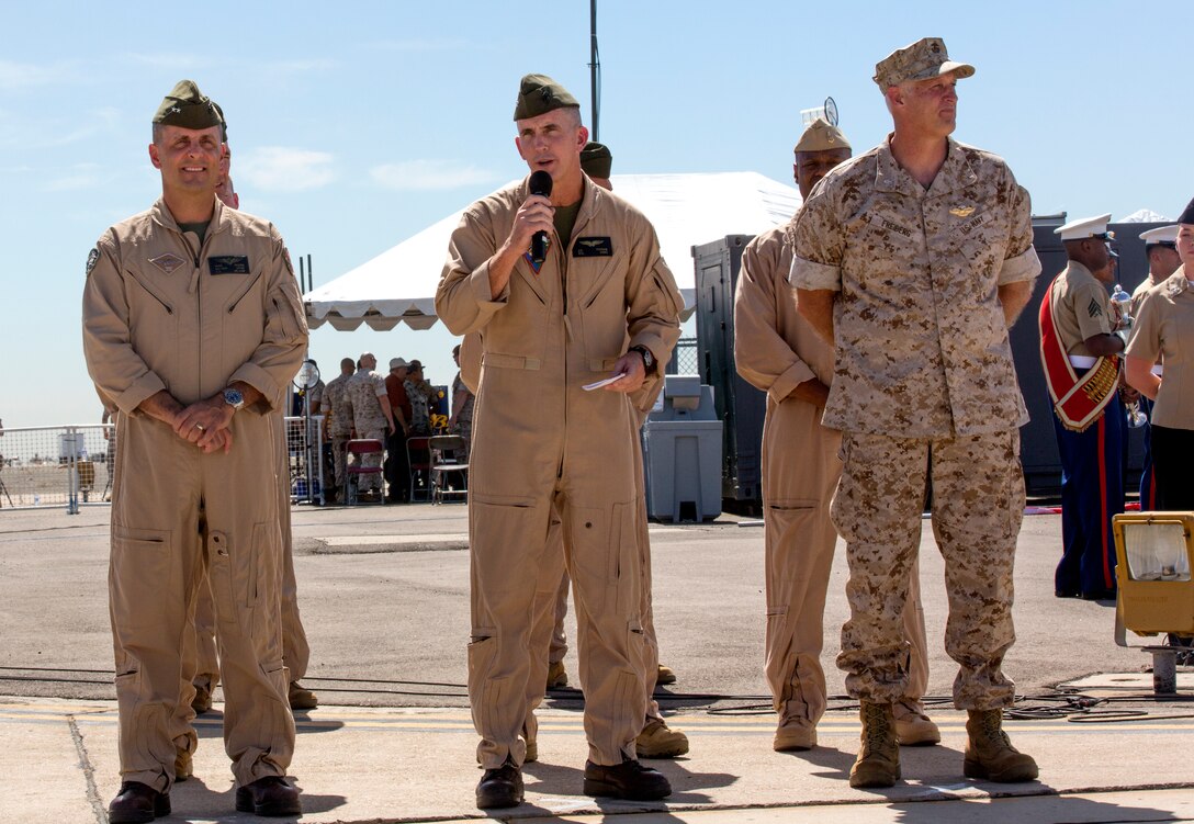 Col. John Farnam, Marine Corps Air Station Miramar commanding officer, gives a speech during the opening ceremony at the 2014 Miramar Air Show aboard MCAS Miramar, Calif., Oct. 3. Farnam introduced the theme of the air show, 101 years of Marine Air-Ground Task Force, and thanked the public for their attendance.