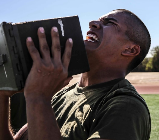 Recruit Steven A. Olivas, Platoon 3255, Lima Company, 3rd Recruit Training Battalion, performs ammunition can lifts during the Combat Fitness Test at Marine Corps Recruit Depot San Diego, Sept. 25. Recruits must perform 91 ammunition can lifts to achieve a perfect score. Olivas is a New Mexico native and was recruited out of Recruiting Station Odessa, Texas.