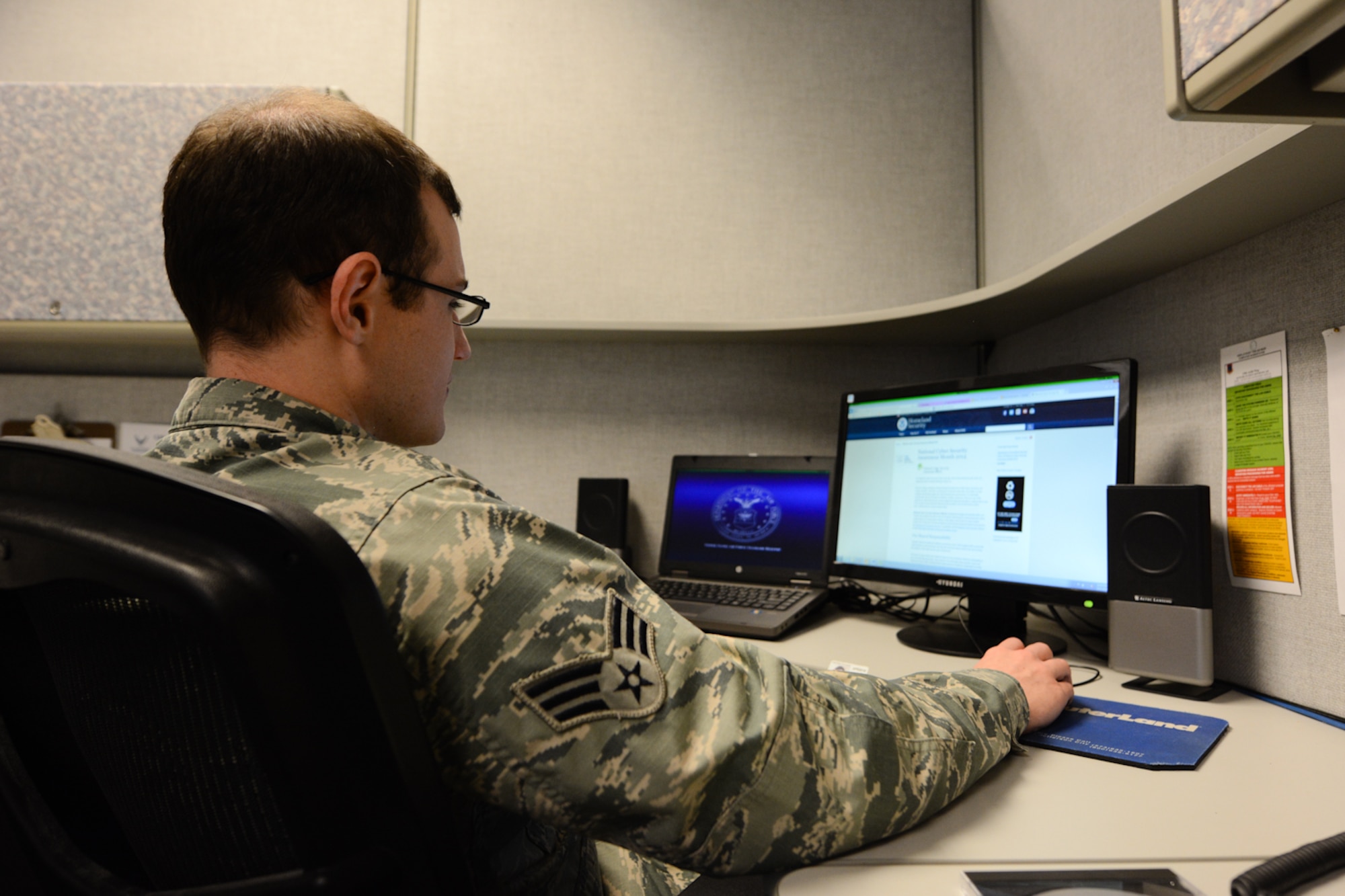 U.S. Air Force Senior Airman Charles Kitchen, an information security specialist assigned to the 139th Communications Flight, Missouri Air National Guard, conducts cyber operations at Rosecrans Air National Guard Base, Oct. 8, 2014. October is National Cybersecurity Awareness Month. (U.S. Air National Guard photo by Tech. Sgt. Michael Crane/Released)