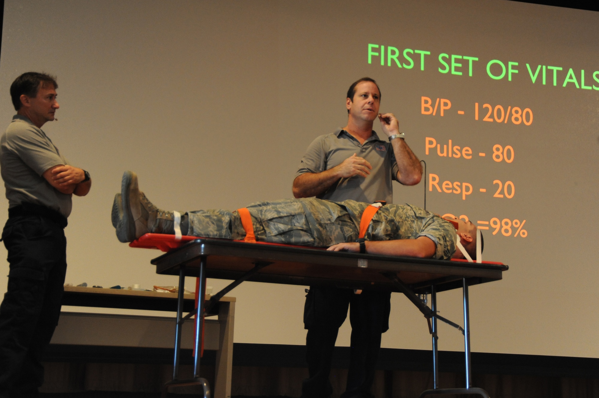 Ralph Jimenez, Stay Alive From Education instructor, reviews the steps to be taken following an accident during a Street Smart Resiliency briefing Tuesday at Luke Air Force Base. He explained how first responders prepare trauma victims for transport including how to restrain the victim, how to treat injuries, and what instruments and equipment are used. Also discussed were the dangers of mixing alcohol and driving. Street Smart Resiliency program members travel to bases around the country to discuss the dangers of distracted driving and driving under the influence. (U.S. Air Force photo/Airman 1st Class James Hensley)