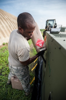Air Force Senior Airman Quantel Jones of the Kentucky Air National Guard’s 123rd Contingency Response Group fuels an electric generator for the Joint Operations Center at Léopold Sédar Senghor International Airport in Dakar, Senegal, Oct. 5, 2014, in support of Operation United Assistance. More than 80 Kentucky Air Guardsmen stood up an Intermediate Staging Base at the airport that will funnel humanitarian supplies and equipment into West Africa as part of the international effort to fight Ebola. (U.S. Air National Guard photo by Maj. Dale Greer)