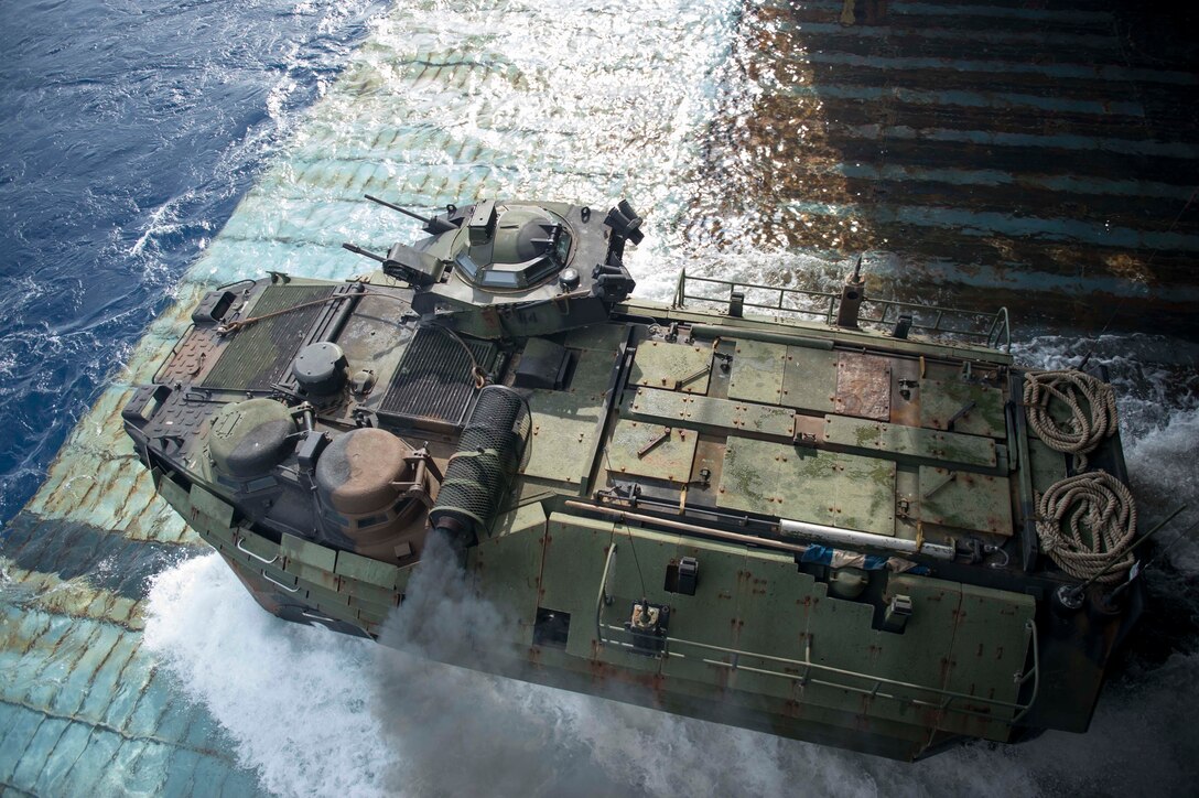 An Amphibious Assault Vehicle from Battalion Landing Team 3rd Battalion, 5th Marines, 31st Marine Expeditionary Unit, departs the well deck of the amphibious dock landing ship USS Germantown (LSD 42) during the Amphibious Landing Exercise 15. PHIBLEX is an annual bilateral training exercise conducted with the Armed Forces of the Philippines. 