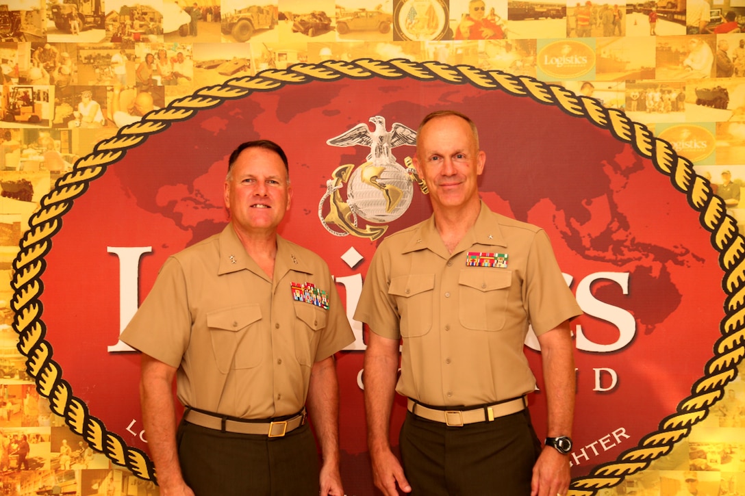 Brigadier General Patrick J. Hermesmann, commanding general of 4th Marine Logistics Group, makes his first visit to Marine Corps Logistics Command (LOGCOM), 02 October, 2014.
