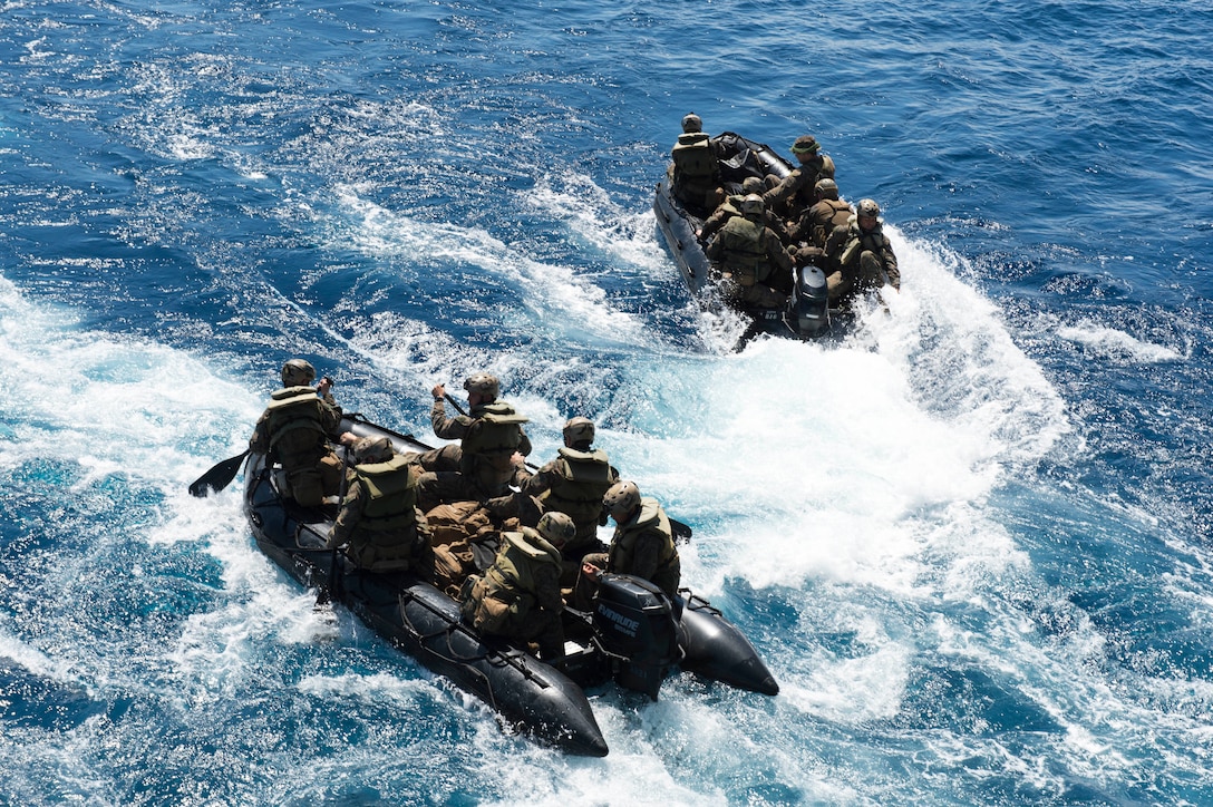 Marines, assigned to the 31st Marine Expeditionary Unit, depart the well deck of the amphibious dock landing ship USS Germantown in combat rubber raiding crafts during the Amphibious Landing Exercise 2015. PHIBLEX15 is an annual bilateral training exercise conducted with the Armed Forces of the Philippines. Germantown is part of the Peleliu Expeditionary Strike Group, commanded by Rear Adm. Hugh Wetherald, and is conducting joint forces exercises in the U.S. 7th Fleet area of responsibility.