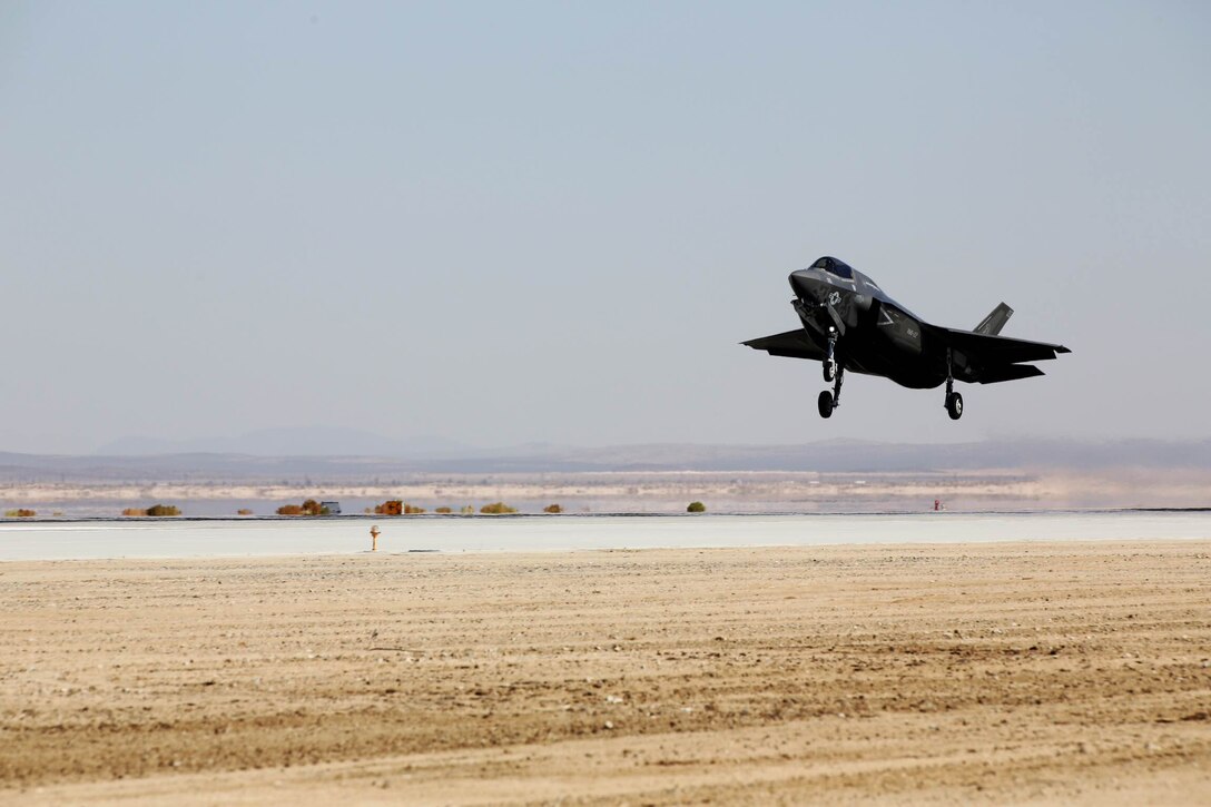 An F-35B Lightning II with Marine Operational and Test Evaluation Squadron (VMX) 22 prepares to touch down aboard Edwards Air Force Base, Calif., Oct. 9. This is the squadron’s first F-35 Lightning II.