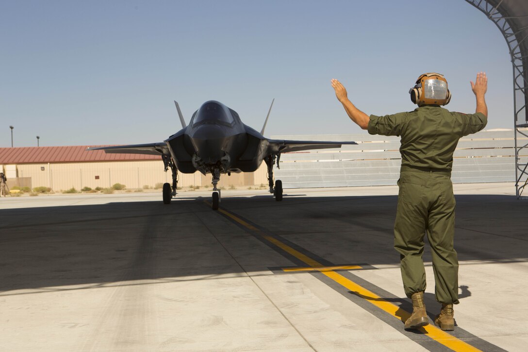 A F-35B Lightning II with Marine Operational and Test Evaluation Squadron (VMX) 22 taxies under a canopy aboard Edwards Air Force Base, Calif., Oct. 9. This is the squadron’s first F-35 Lightning II.