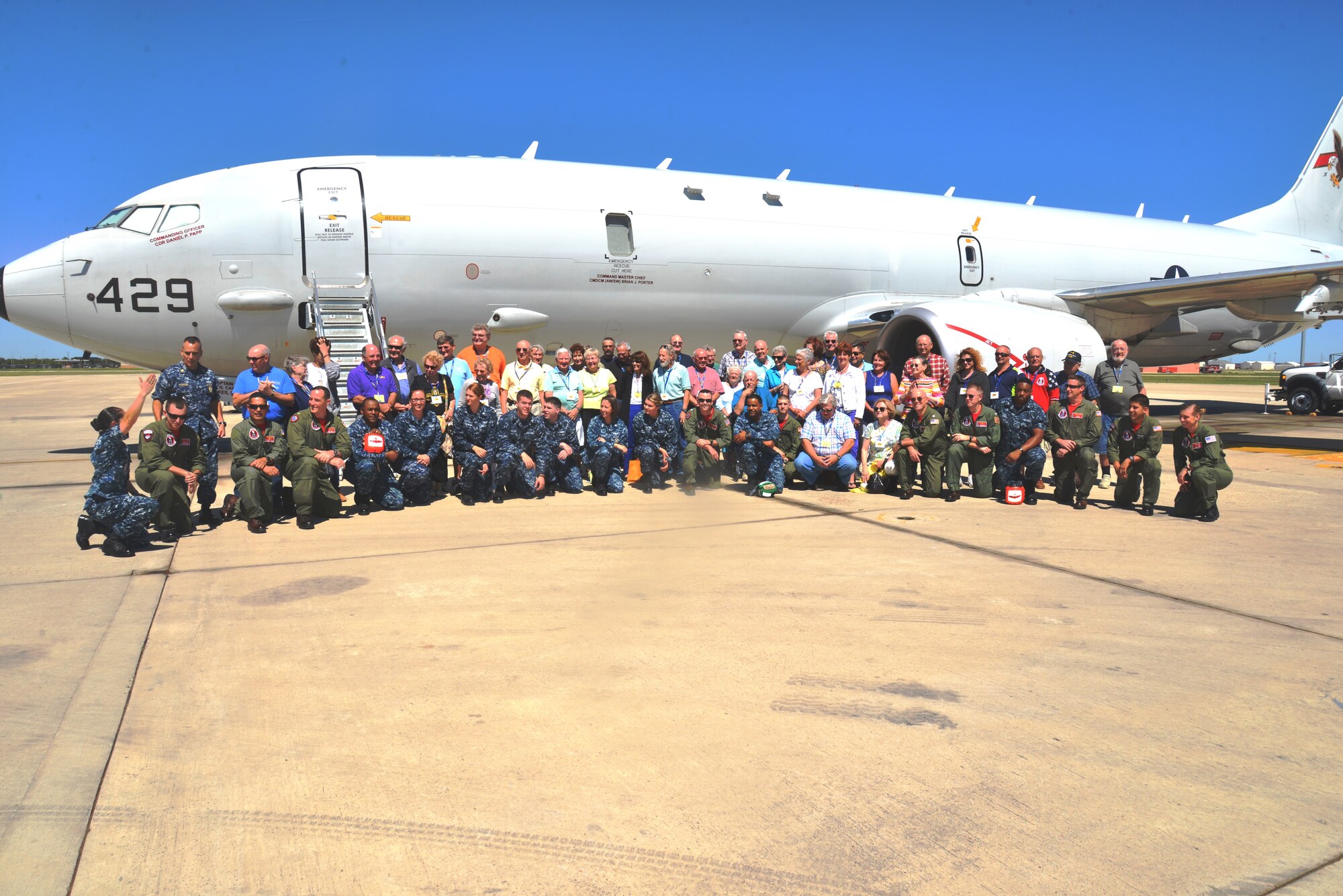 Close to 50 “War Eagles” from across the United States arrived in San Antonio, Oct. 3 for their annual VP-16 reunion. One of their stops in the Alamo city was a visit to the 433rd Airlift Wing, Joint Base San Antonio-Lackland, Texas to see the Alamo Wing’s massive C-5A Galaxy aircraft. Along with viewing the C-5A, War Eagles of VP-16 from Naval Air Station Jacksonville, Florida flew into Kelly’s Airfield Annex in a P-8A Poseidon to join the tour and the Reunion.