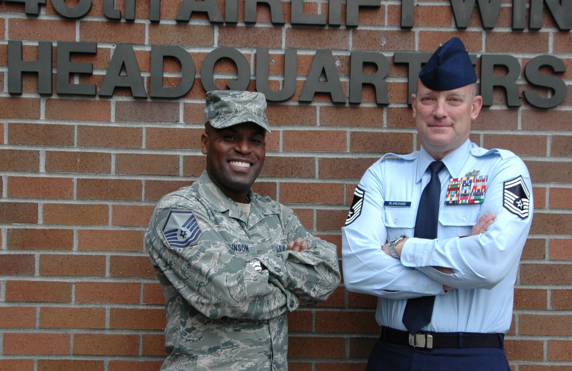 Master Sgt. Dominic Johnson (left) and Senior Master Sgt. Roy Blanchard are the newest members of the 446th Airlift Wing's recruiting flight.  Blanchard is the flight chief and comes to McChord Field, Washington from Barksdale Air Force Base, Louisiana, while Johnson is the assistant flight chief, arriving at McChord from Travis Air Force Base, California. (U.S. Air Force Reserve photo by Sandra Pishner)