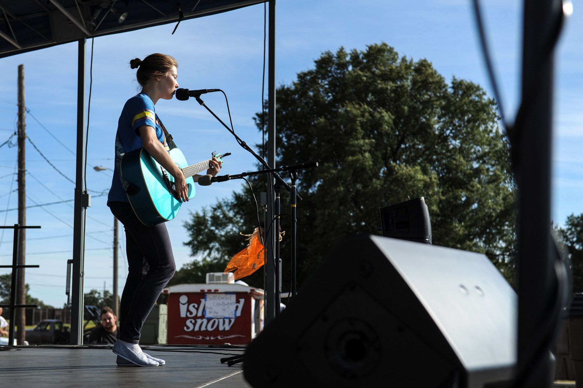 Kassi Moe, a local musician, performs at Rocktoberfest Oct. 4, 2014 at Little Rock Air Force Base, Ark. The 19th Force Support Squadron hosted the bases first Rocktoberfest for military members, Department of Defense civilians and their families. (U.S. Air Force photo by Airman 1st Class Cliffton Dolezal)