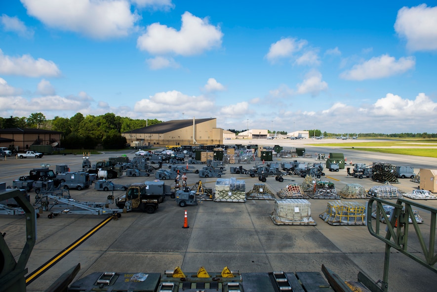 Essential deployment equipment sits on the flightline during a Wing Readiness Inspection Oct. 6, 2014, at Moody Air Force Base, Ga. The 23d Logistic Readiness Squadron joint inspectors check every piece of equipment that is shipped on military aircraft. (U.S. Air Force photo by Airman 1st Class Dillian Bamman/Released)