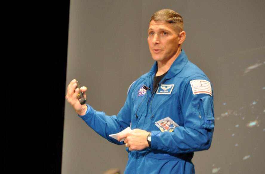 Col. Michael S. Hopkins, an astronaut who recently returned to earth after serving 166 days in the International Space Station, speaks on leadership at the University of Central Missouri  on 9 October, 2014. Hopkins discussed his philosophy of “servant leadership,” which values family and the ability to think like an ambassador. Hopkins graduated from the U.S. Air Force Academy and applied to NASA four times before he was finally selected to be an astronaut. (U.S. Air Force photo by Tech. Sgt. Emily F. Alley)