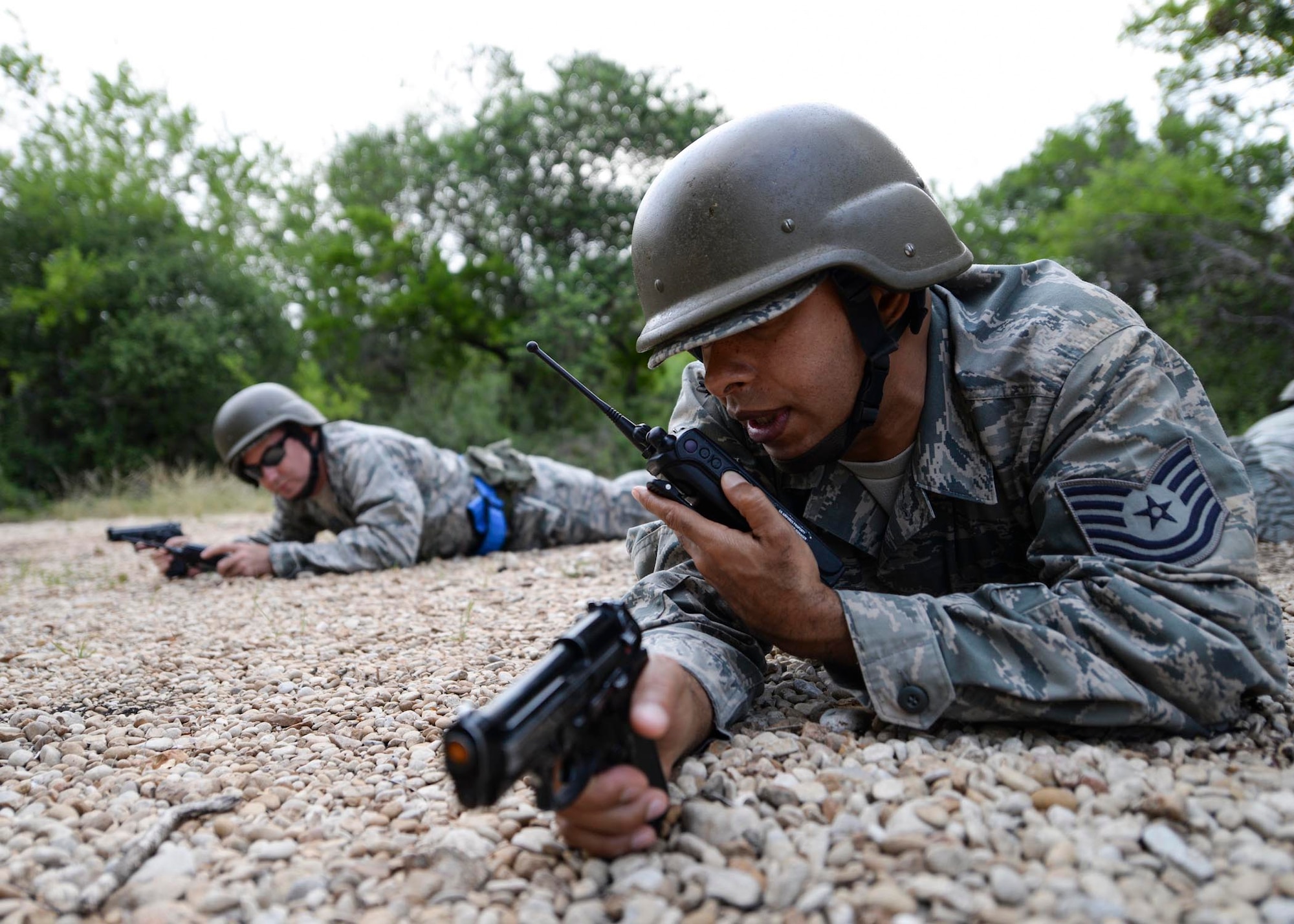 U.S. Air Force Tech. Sgt. Shawn Elmandorf, 959th Medical Operations Squadron orthopedic technician, calls in for support during the two-day deployment readiness training exercise July 25 at Joint Base San Antonio-Lackland, Texas. The training is required every two years, or prior to a deployment. (U.S. Air Force photo/Staff Sgt. Kevin Iinuma)