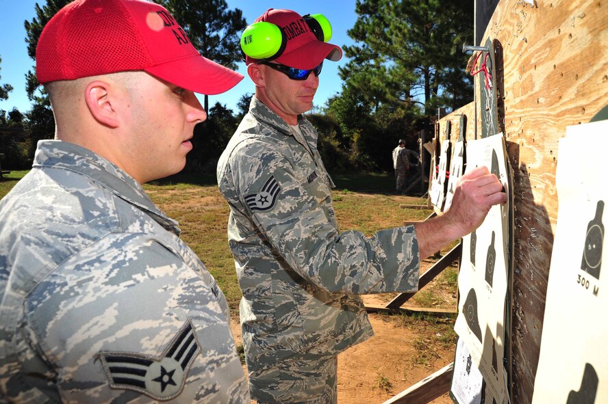 Staff Sgt. Aubrey Morrow and Senior Airman Michael Netherland, 403rd Security Forces Squadron combat arms instructors, mark how many targets were hit on a targeting sheet at the Woolmarket U.S. Navy Rifle and Pistol Range, Woolmarket, Mississippi, Oct. 4, 2014. 403rd SFS members, stationed at Keesler Air Force Base, Mississippi, have been fulfilling various training requirements in preparation for their upcoming deployment to Southwest Asia. (U.S. Air Force photo/Tech. Sgt. Ryan Labadens)