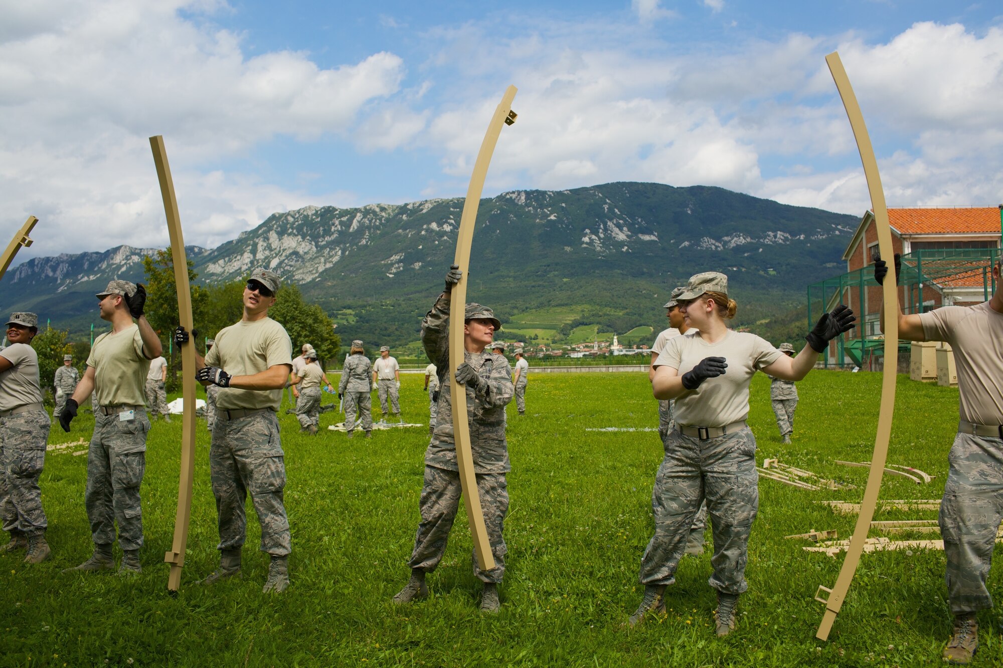 Airmen set up the shelter during Exercise Immediate Response in Slovenia. The goal of the exercise was for different militaries to work together and function as part of a greater whole. (U.S. Air Force Photo by Maj. Joshua Young/Released)