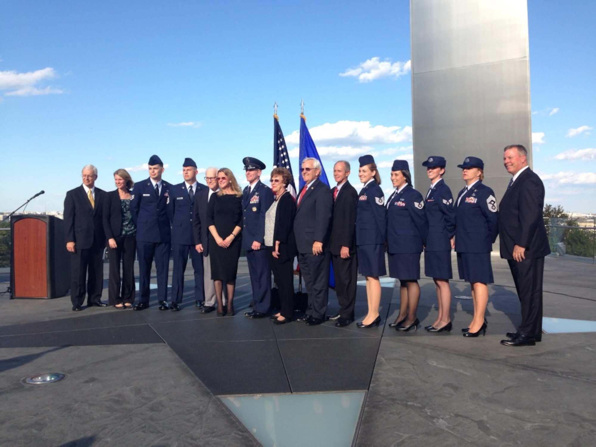 Team Little Rock community leaders, 19th Airlift Wing Airmen and leadership stand with retired Col. John Doolittle and Jonna Doolittle-Hoppes, son and granddaughter of Gen. James H."Jimmy" Doolittle. The 19th Airlift Wing was presented the Doolittle Award by the Air Force Historical Foundation today at the Air Force Memorial. (Courtesy photo)