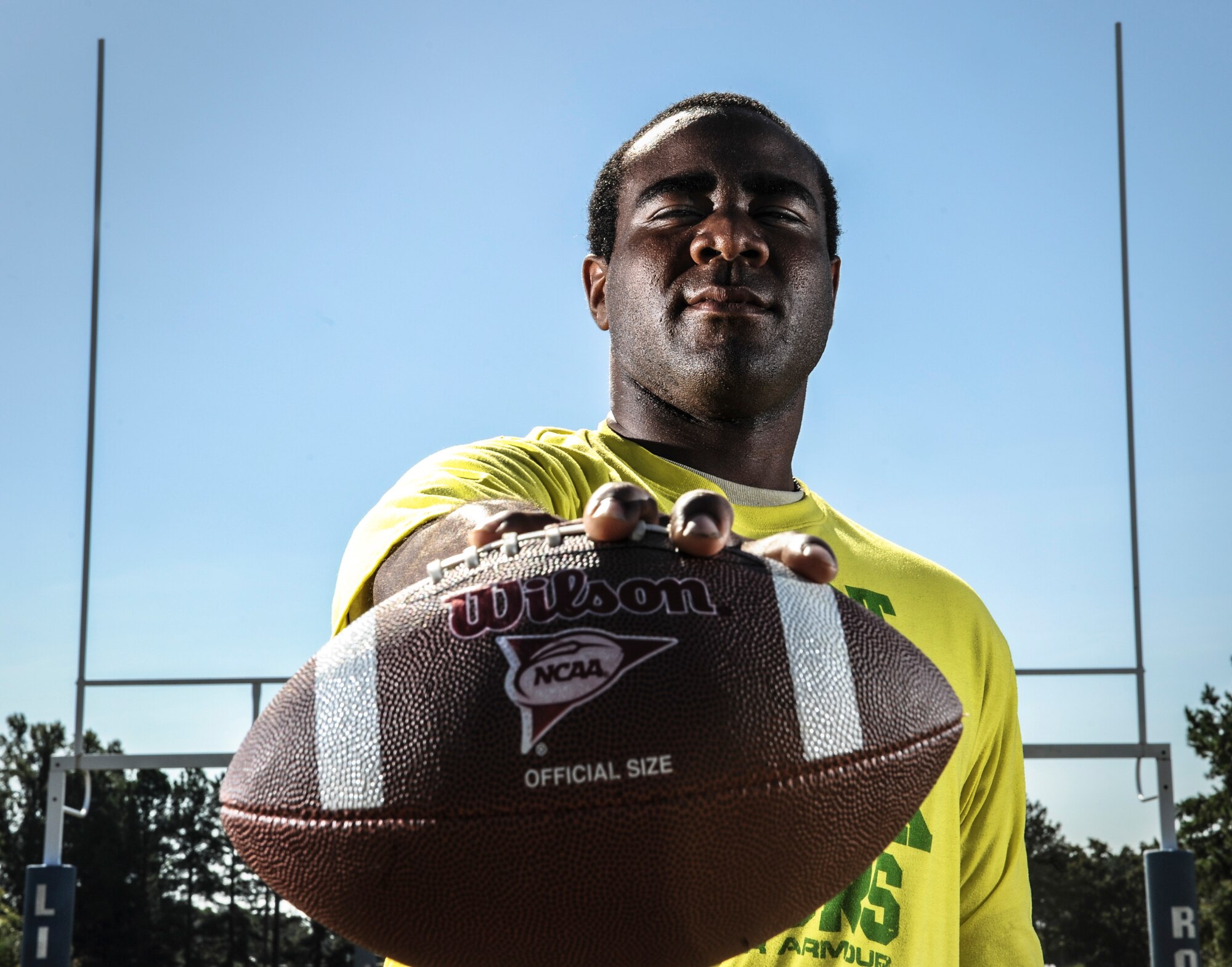 With 18 other teams knocking at the door Senior Airman Ned McCaster, 314th Aircraft Maintenance Squadron head coach, looks to keep his maintainers at the top after winning the championship in 2013.  The intramural flag football season is officially underway and McCaster said his boys are ready to protect their title. (U.S. Air Force photo by Airman 1st Class Cliffton Dolezal)