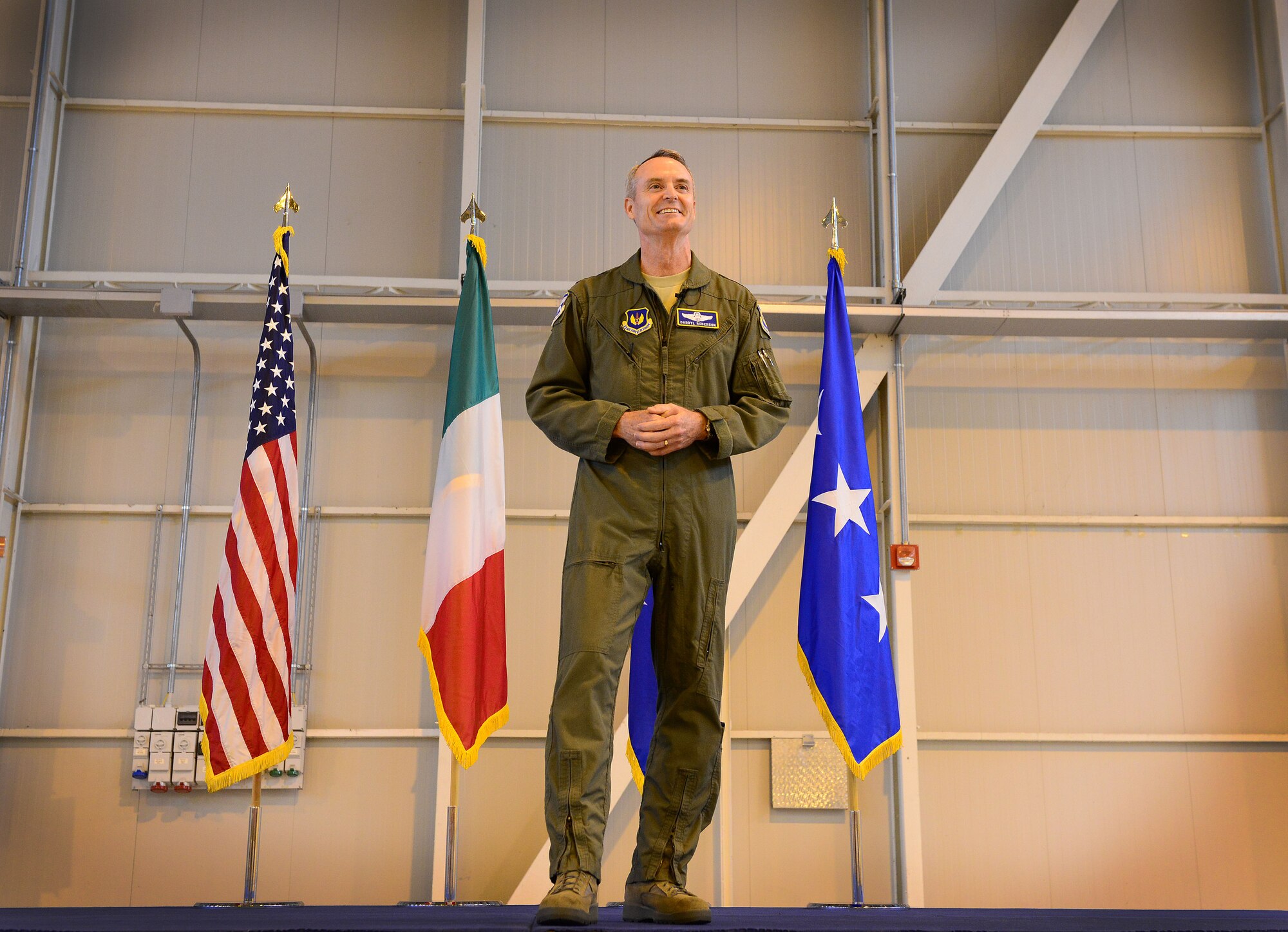 Lt. Gen. Darryl Roberson, 3rd Air Force commander, speaks to Team Aviano during an all call, Oct. 8, 2014, at Aviano Air Base, Italy. Roberson touched on several key issues to include force shaping measures and the new performance report program. (U.S. Air Force photo/Senior Airman Matthew Lotz)