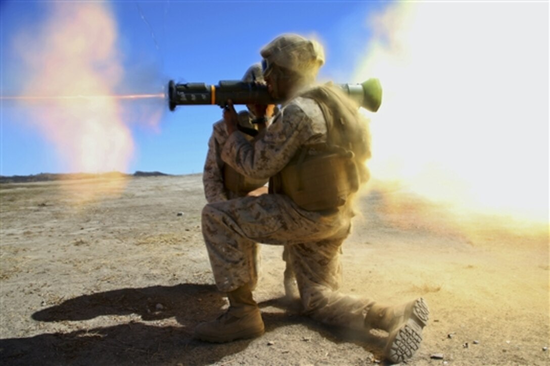 Marines fire a rocket launcher during training on Marine Corps Base Camp Pendleton, Calif., Oct. 2, 2014. The Marines are assigned to Ammo Company, Combat Logistics Battalion 15.