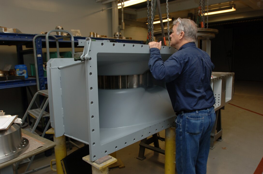 Jeff Linkinhoker, project manager of the U.S. Army Corps of Engineers Nashville District’s Center Hill Hydropower Rehabilitation Project, looks at a hydropower model at Voith Hydro’s laboratory Oct. 8, 2014 in York, Pa. He witnessed the testing of the model hydropower turbine to ensure it met required specifications before the manufacturing process and work to modernize the power house begins at Center Hill Dam in Lancaster, Tenn.