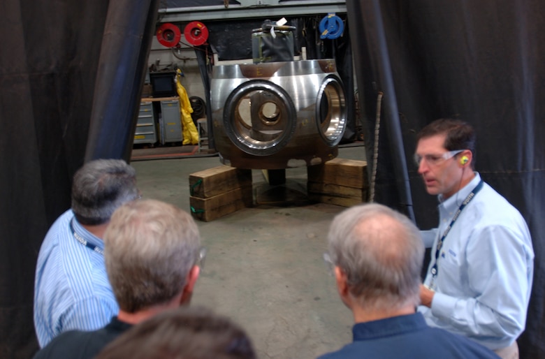 A team from the U.S. Army Corps of Engineers Nashville District tours Voith Hydro’s production facility Oct. 8, 2014 in York, Pa.  John D. Seifarth, director of Manufacturing, led the tour and provided information about the production process with the team. Earlier that day, the group visited to witness the testing of the model hydropower turbine to ensure it met required specifications before the manufacturing process and work to modernize the power house begins at Center Hill Dam in Lancaster, Tenn.