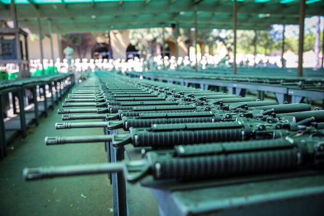 Recruits of Golf Company, 2nd Recruit Training Battalion, receive their M16-A4 service rifle during their rifle issue aboard Marine Corps Recruit Depot San Diego, Sept. 29.  The purpose of receiving the rifles was for recruits to learn and train with them in order to gain proficiency as a marksman during recruit training.