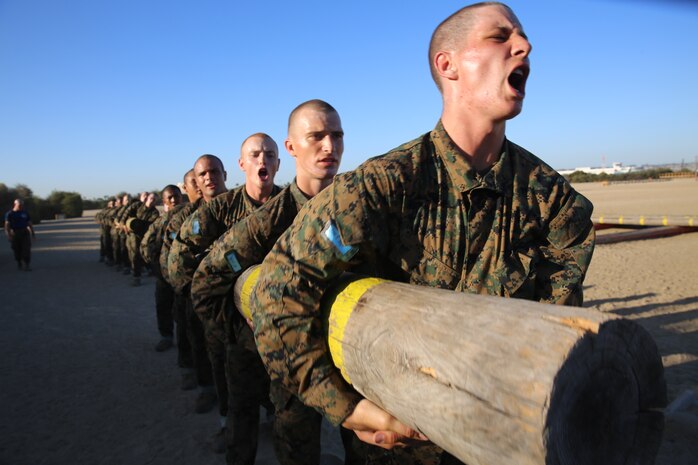 Recruits of Mike Company, 3rd Recruit Training Battalion, execute the side bender exercise during the Log Drill event at Marine Corps Recruit Depot San Diego, Sept. 30. Each group of recruits worked through log exercises such as log push-ups, log squats and side benders.
