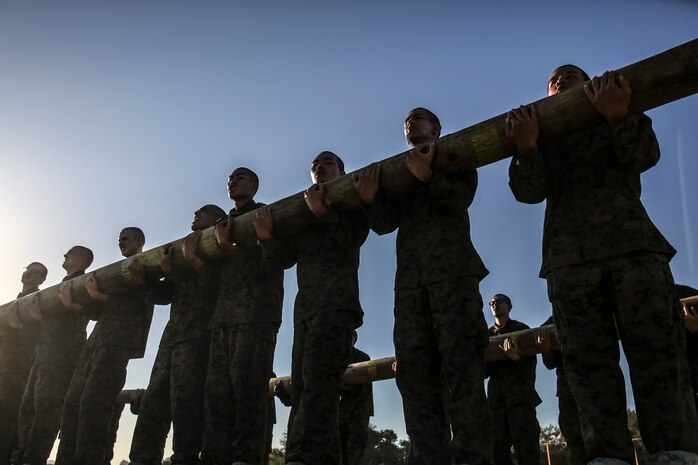 Recruits of Mike Company, 3rd Recruit Training Battalion, execute the log curl exercise during the Log Drill event at Marine Corps Recruit Depot San Diego, Sept. 30.  Before the event, recruits ran around the training area in full camouflage utilities