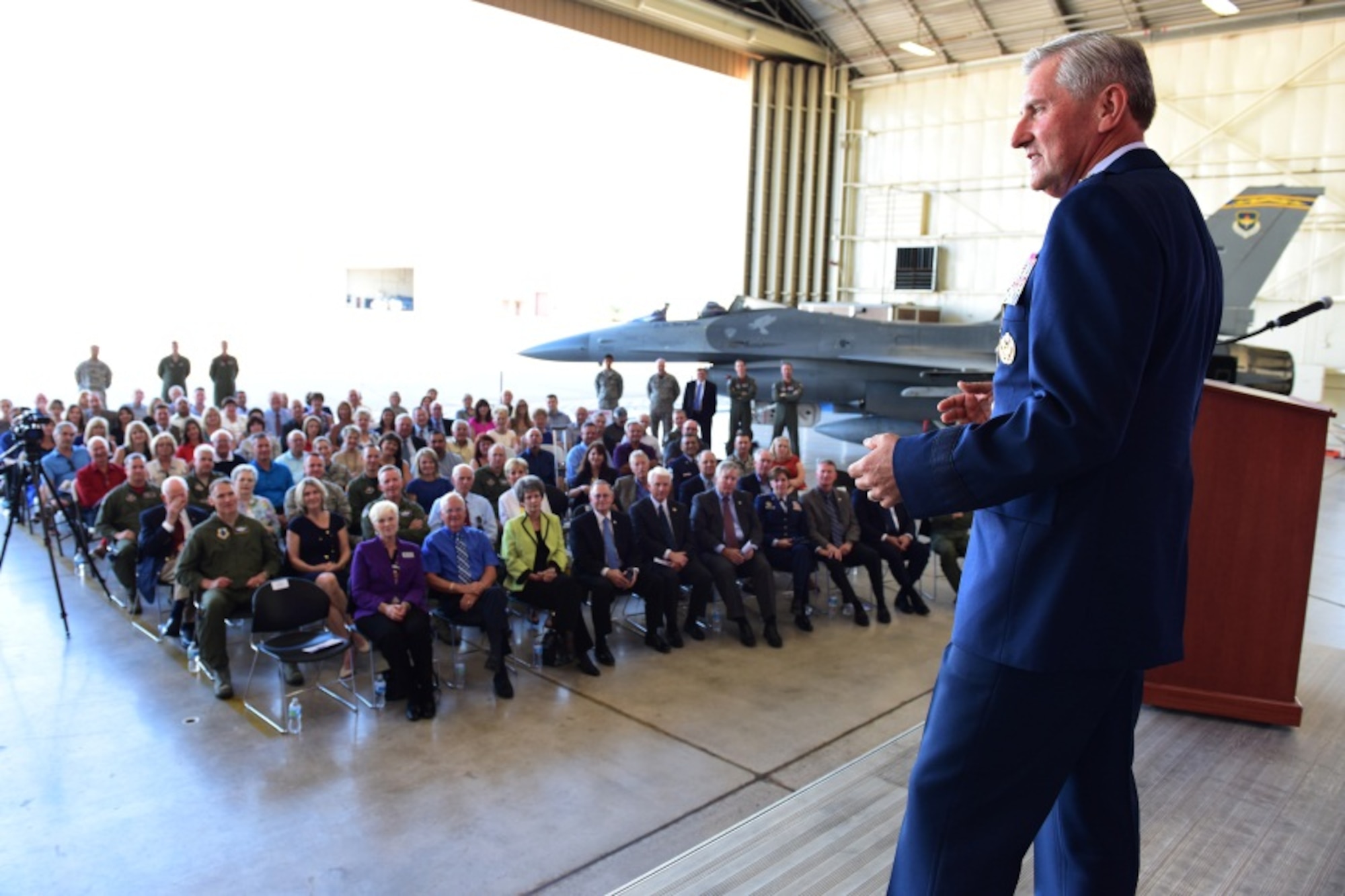 Maj. Gen. Lance Undhjem, mobilization assistant to the commander, Air Education and Training Command, provides remarks during his retirement ceremony at Like Air Force Base, Ariz. Oct. 10, 2014.  Undhjem retired after 39 years of service in the United States Air Force. (U.S. Air Force photo by Staff Sgt. Lausanne Kinder)