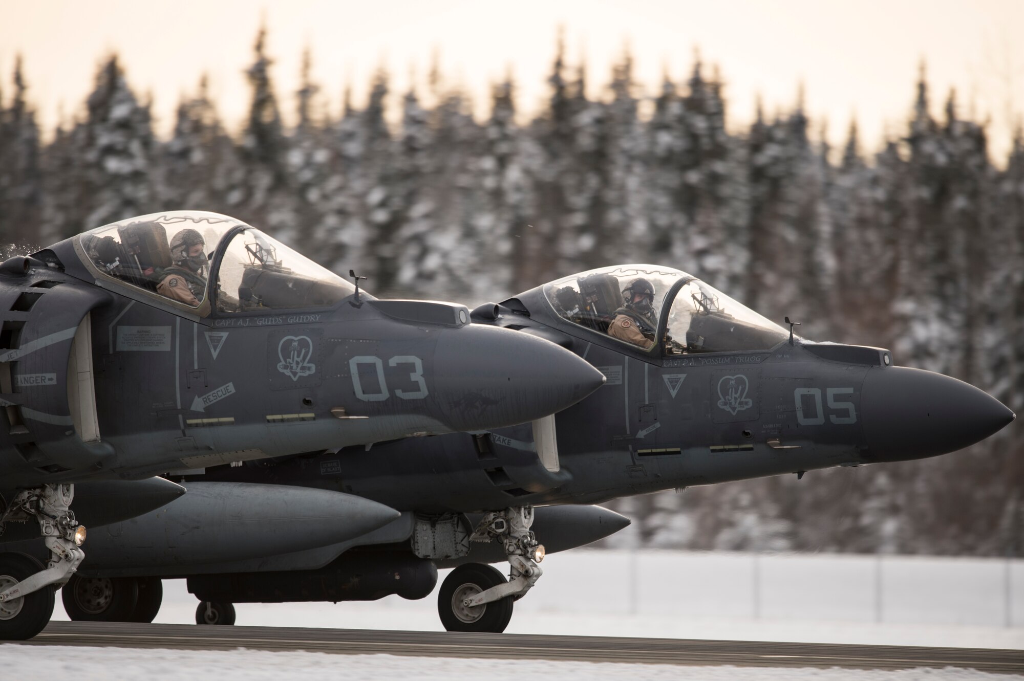 U.S. Marine Corps AV-8B Harrier ground attack aircraft assigned to Marine Fighter Attack Squadron 311, Marine Corps Air Station Yuma, Ariz., take off for a sortie at Eielson Air Force Base, Alaska, Oct. 6, 2014, during RED FLAG-Alaska 15-1. RF-A is a series of Pacific Air Forces commander-directed field training exercises for U.S. and partner nation forces, providing combined offensive counter-air, interdiction, close air support and large force employment training in a simulated combat environment. (U.S. Air Force photo by Senior Airman Peter Reft/Released)