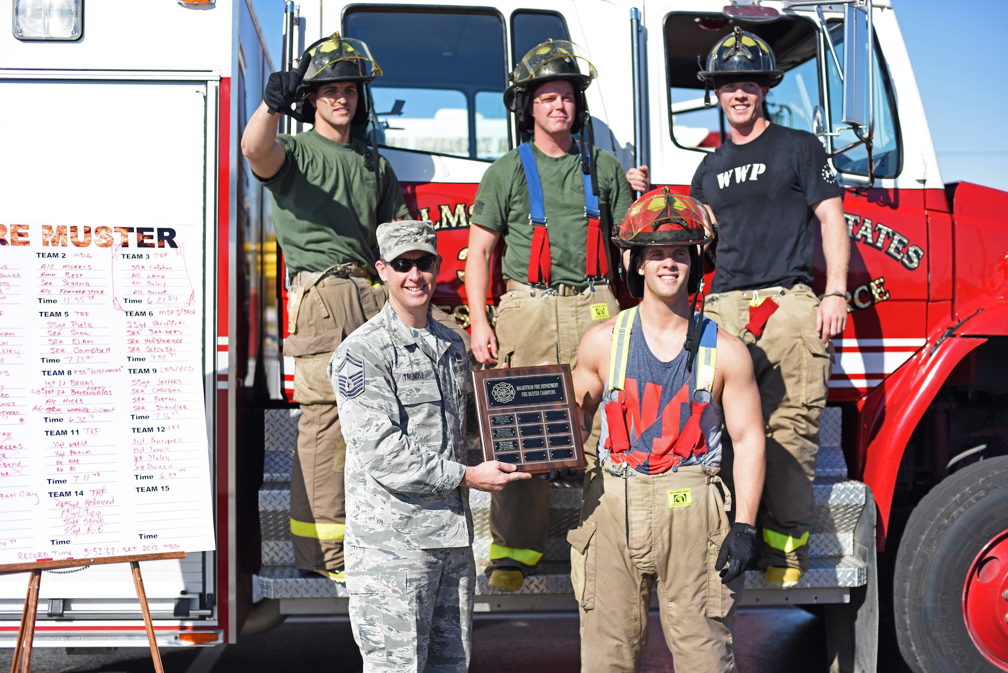 The winning team of Malmstrom Air Force Base’s fourth annual Fire Prevention Week fire muster pose for a photograph after recovering from the challenge Oct. 10. Airmen with the 341st Security Forces Group Tactical Response Force took first place with a winning time of six minutes and twenty one seconds. (U.S. Air Force photo/Airman 1st Class Collin Schmidt)