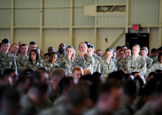 Chief Master Sgt. of the Air Force James A. Cody talks to Airmen during a visit to Tyndall AFB, Oct 7 at Hangar 2. Cody visited Tyndall to discuss current issues impacting the Air Force and the vision of future programs and initiatives. (U.S. Air Force photo by Tech. Sgt. Javier Cruz)