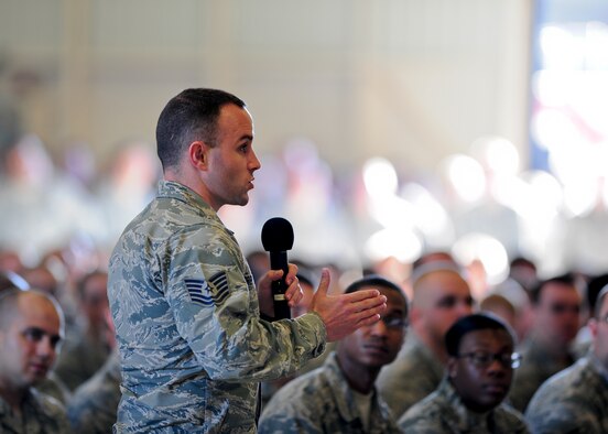 Tech. Sgt. Brandon Gremillion, Tyndall Airman Leadership School ncoic, asks Chief Master Sgt. of the Air Force James A. Cody, a question about Professional Military Education during an all-call, Oct 8 at Tyndall.  Cody visited Tyndall to discuss current issues impacting the Air Force and the vision of future programs and initiatives. (U.S. Air Force photo by Tech. Sgt. Javier Cruz)