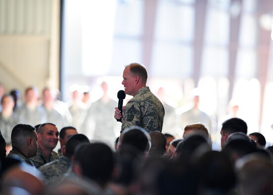 Chief Master Sgt. of the Air Force James A. Cody, answers questions from Tyndall Airmen during an all-call, Oct 8 at Hangar 2. Cody visited Tyndall to discuss current issues impacting the Air Force and the vision of future programs and initiatives. (U.S. Air Force photo by Tech. Sgt. Javier Cruz)