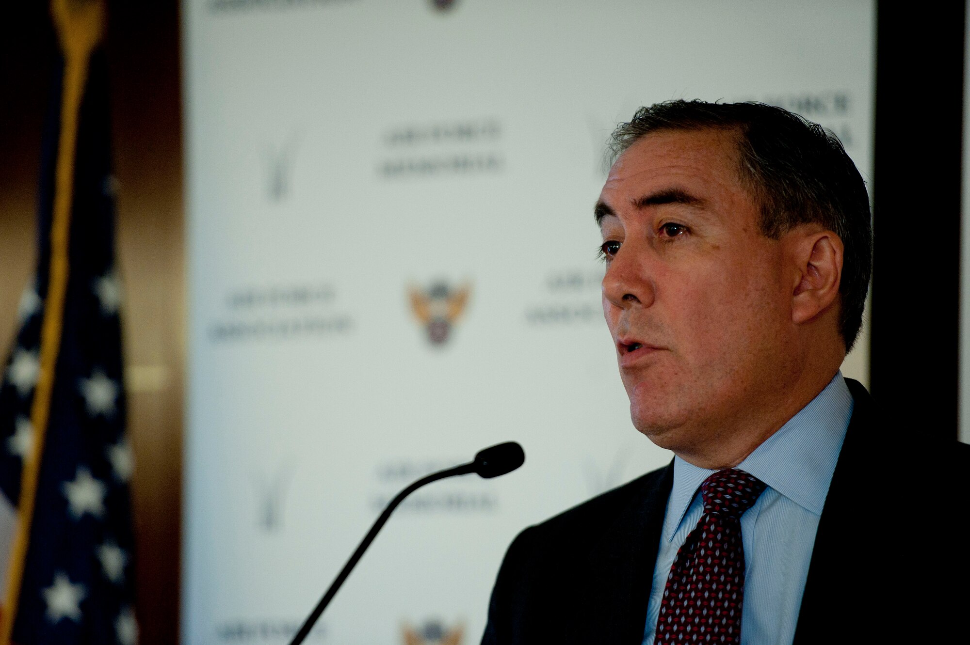 Roberto I. Guerrero speaks to attendees during the Air Force Association breakfast series Oct. 8, 2014, in Rosslyn, Virginia. Guerrero is a member of the Senior Executive Service, Deputy Assistant Secretary of the Air Force for Energy. Guerrero is responsible for providing oversight and direction for all matters pertaining to the formulation, review, and execution of plans, policies, programs, and budgets for the effective and efficient use of energy to support the global Air Force mission. (U.S. Air force photo/Staff Sgt. Anthony Nelson Jr.)  